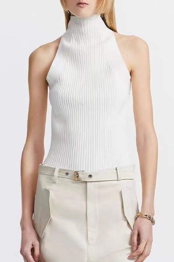 Twist Front Cut Out Rib Knit Top - White - 4