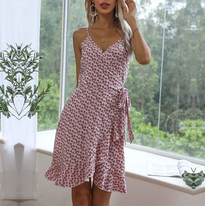 Floral Cami Wrap Dress With Ruffle Hem - Pink