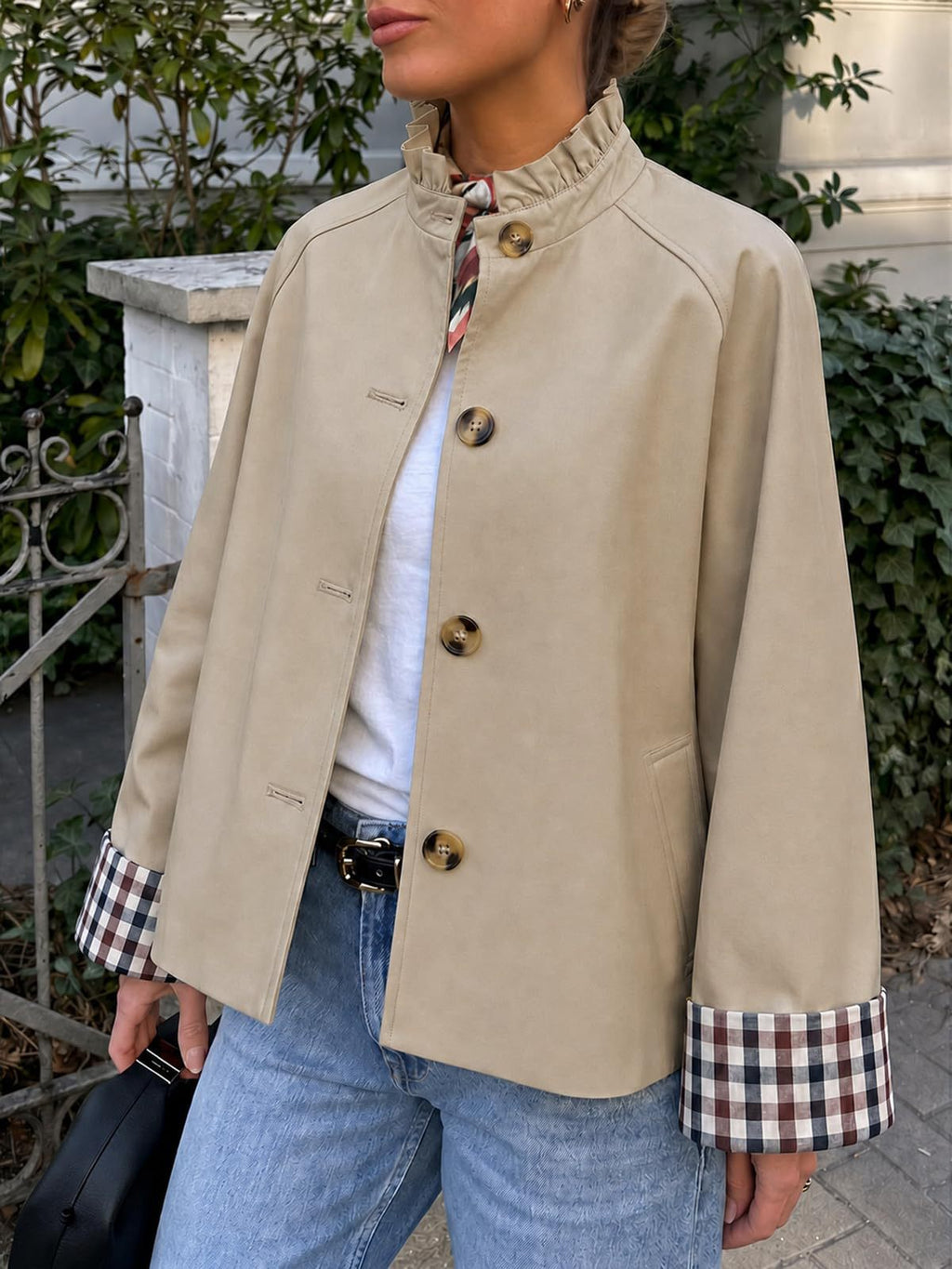 Ruffle Collar Gingham Cuff Button Jacket - Beige