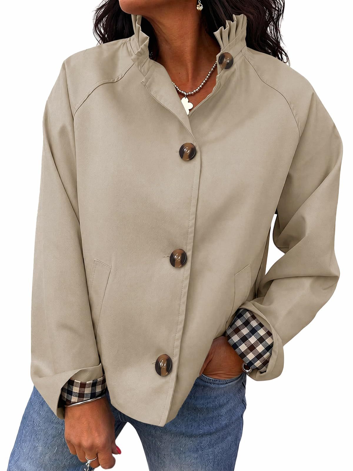 Ruffle Collar Gingham Cuff Button Jacket - Beige - 1