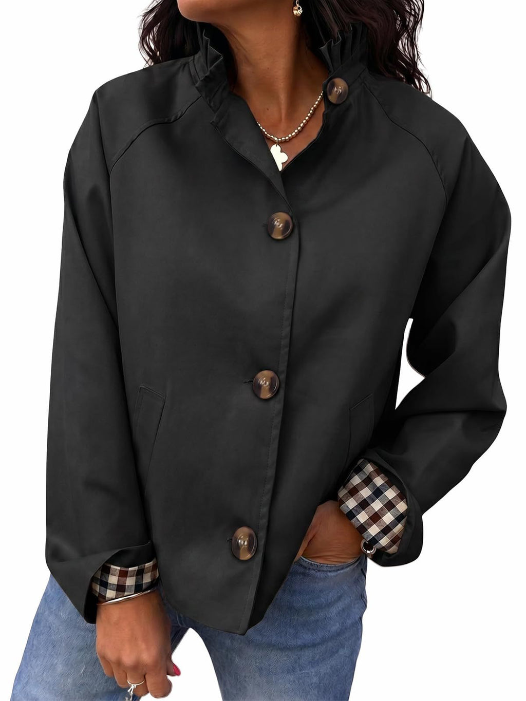 Ruffle Collar Gingham Cuff Button Jacket - Black
