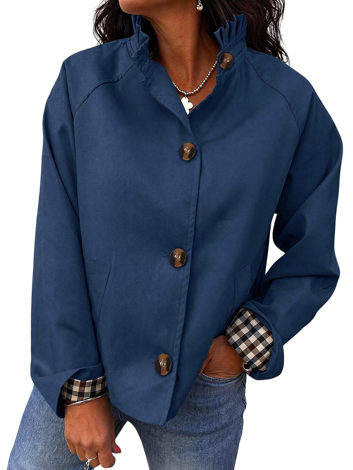 Ruffle Collar Gingham Cuff Button Jacket - DarkBlue