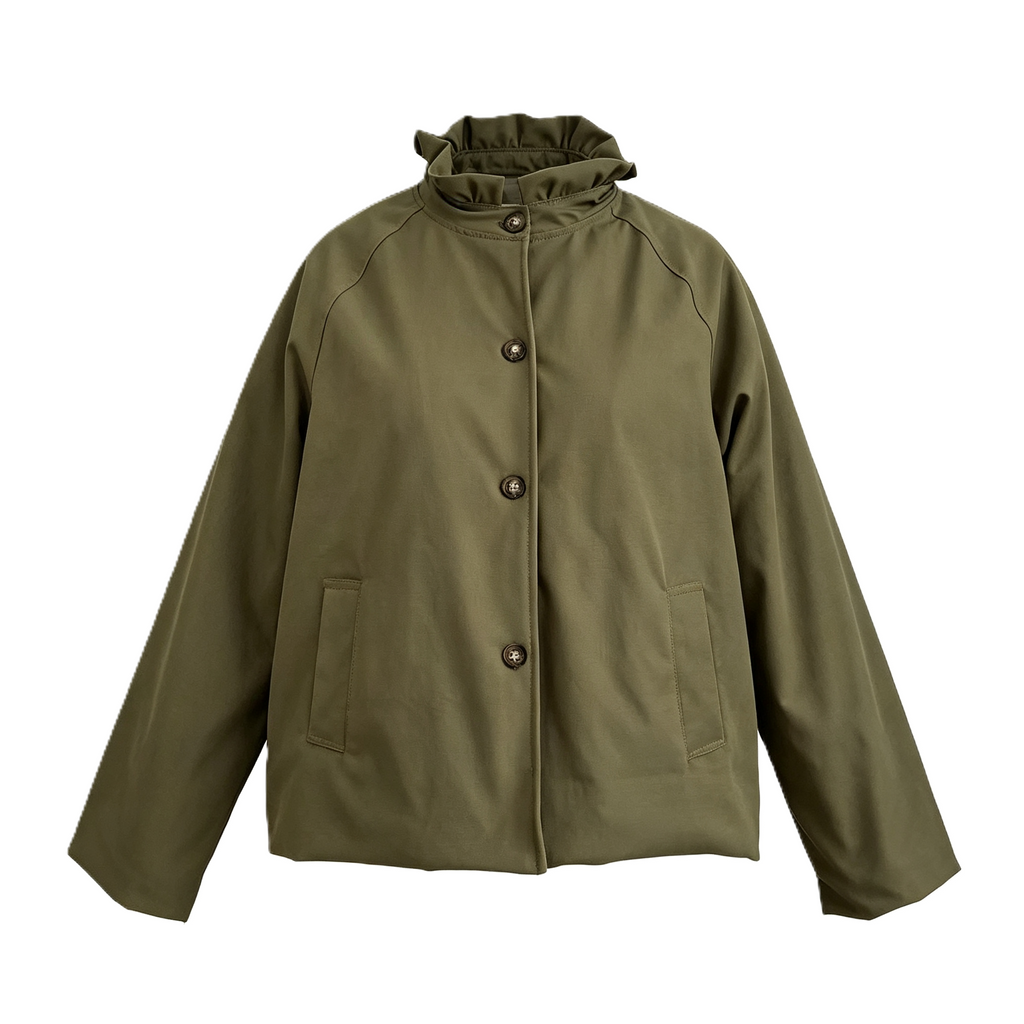 Ruffle Collar Gingham Cuff Button Jacket - Green
