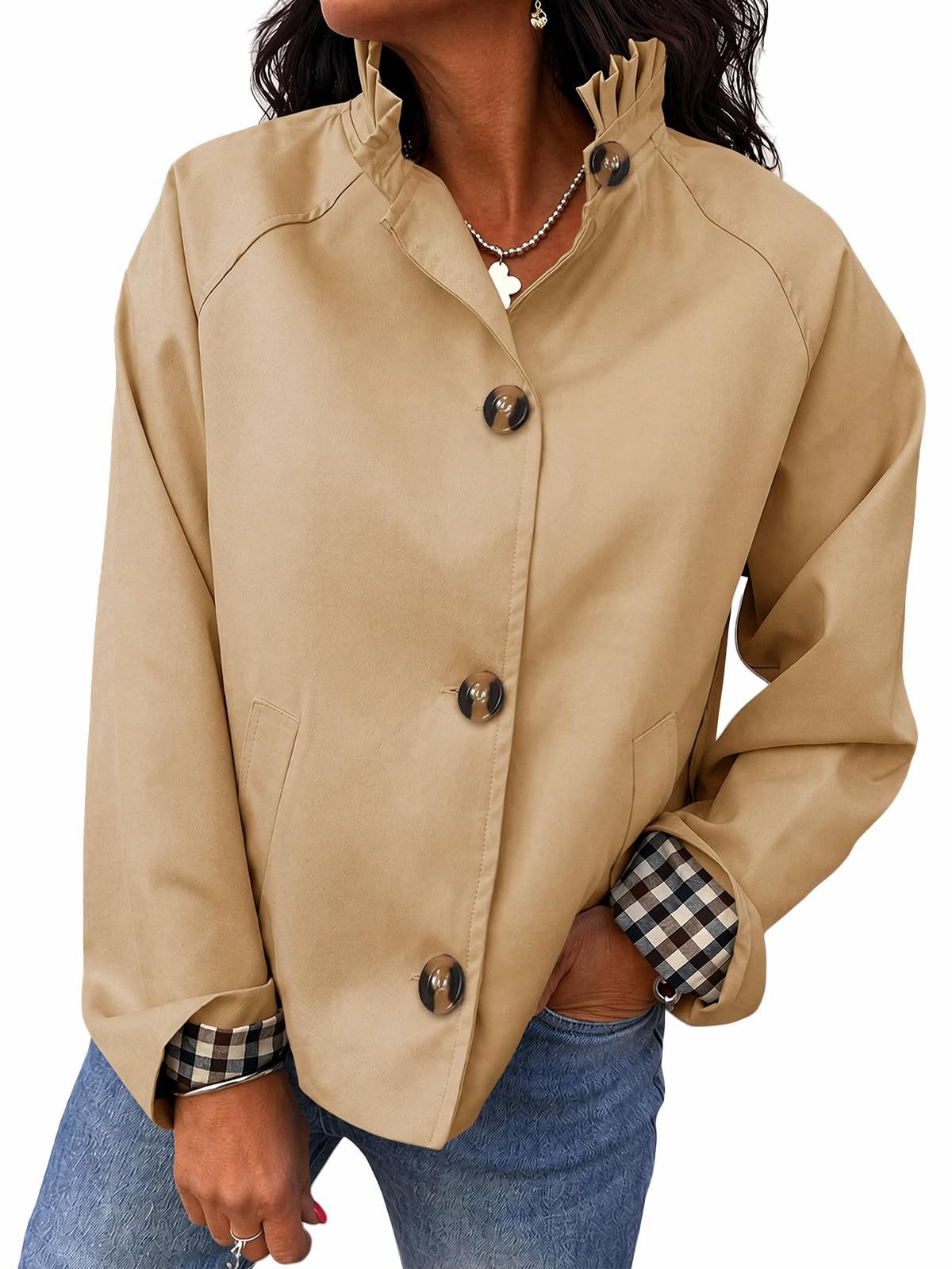 Ruffle Collar Gingham Cuff Button Jacket - Khaki