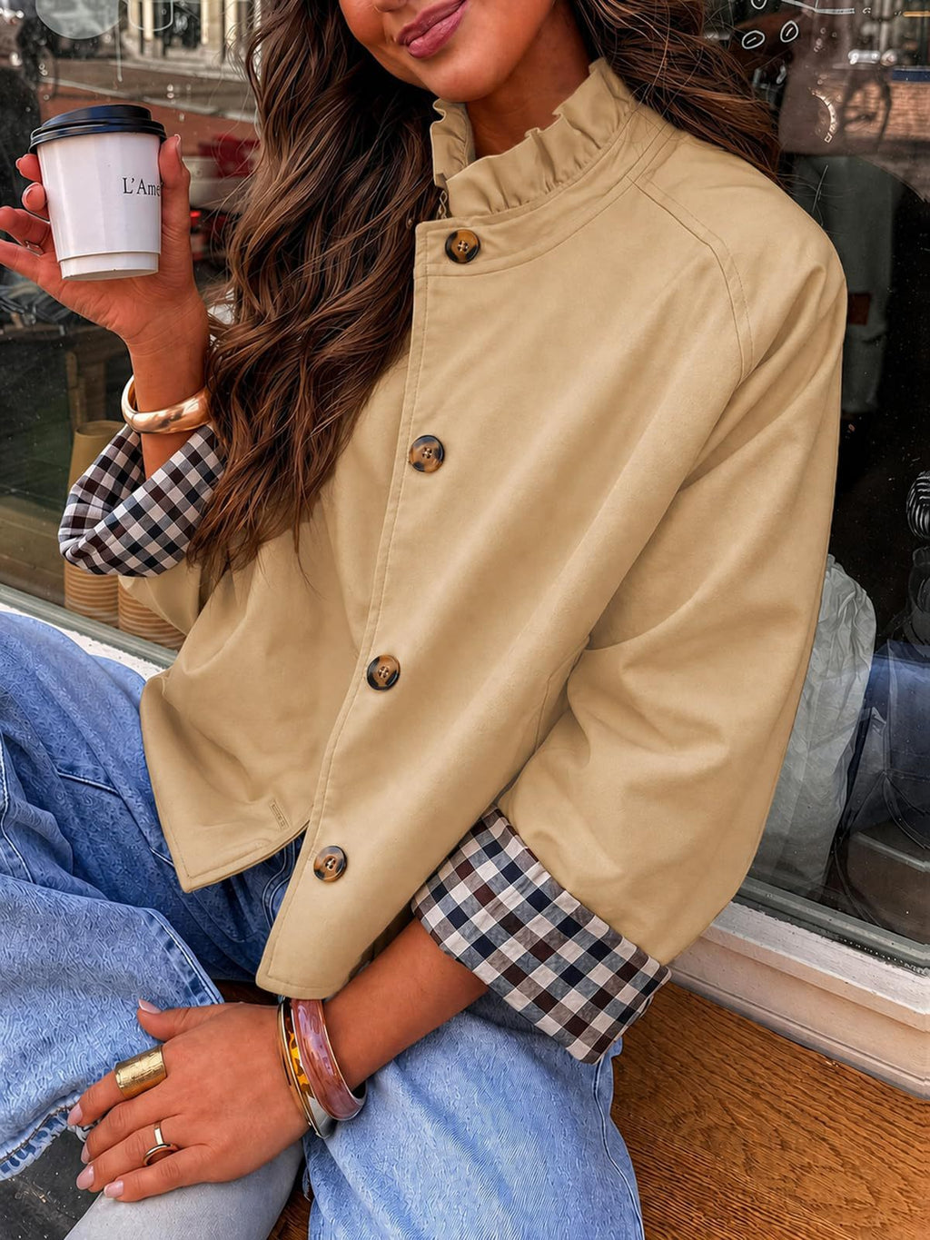 Ruffle Collar Gingham Cuff Button Jacket - Khaki - 1