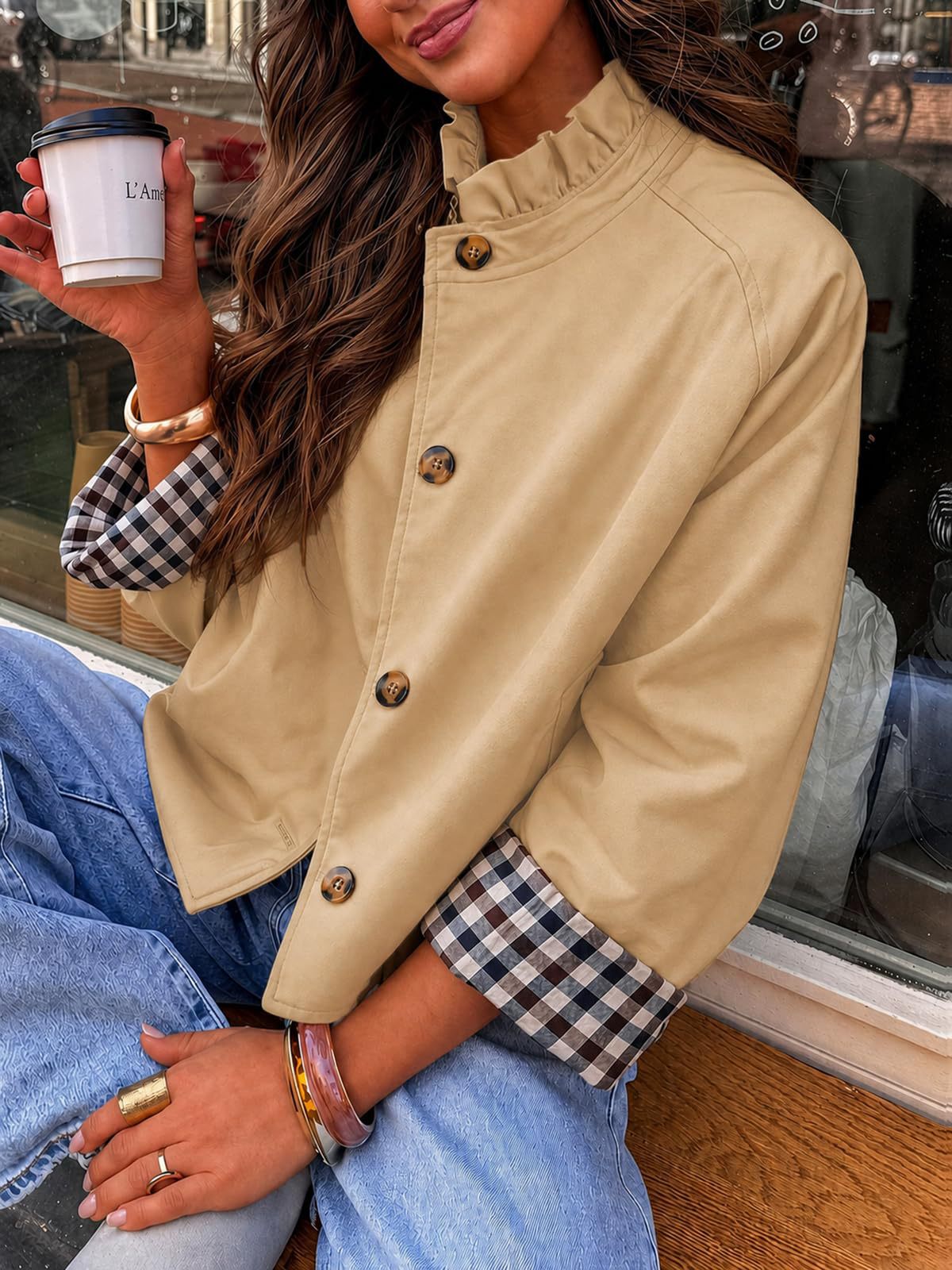 Ruffle Collar Gingham Cuff Button Jacket - Khaki - 1