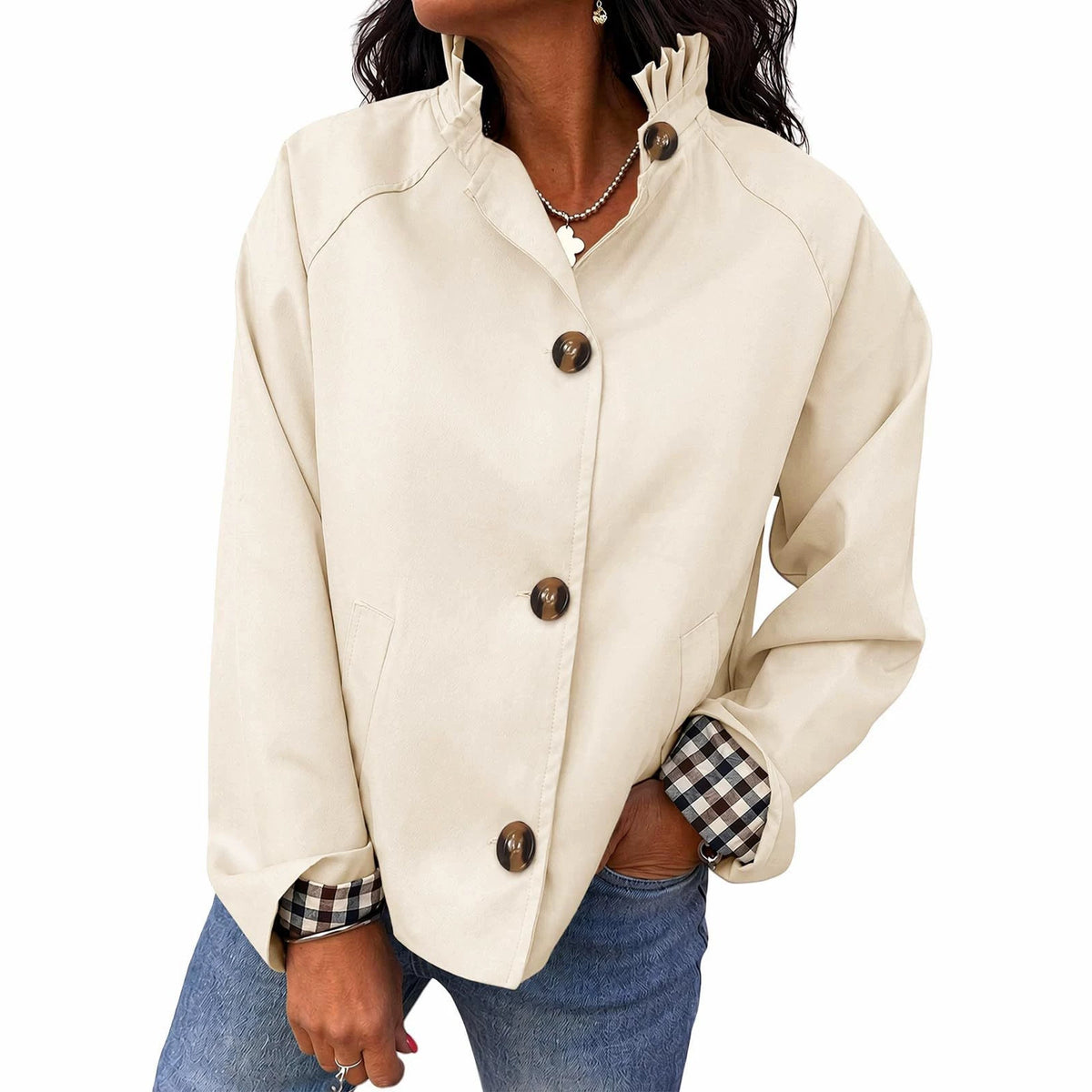 Ruffle Collar Gingham Cuff Button Jacket - White