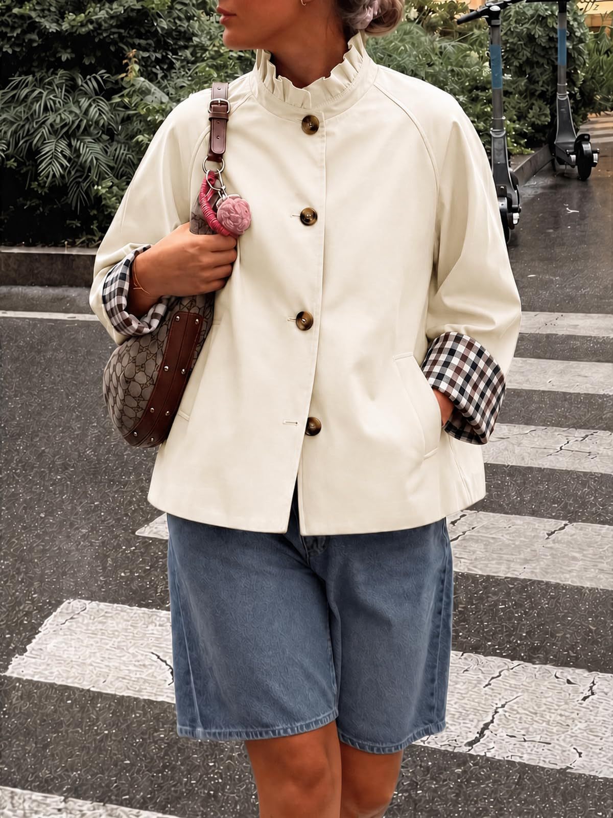 Ruffle Collar Gingham Cuff Button Jacket - White - 1