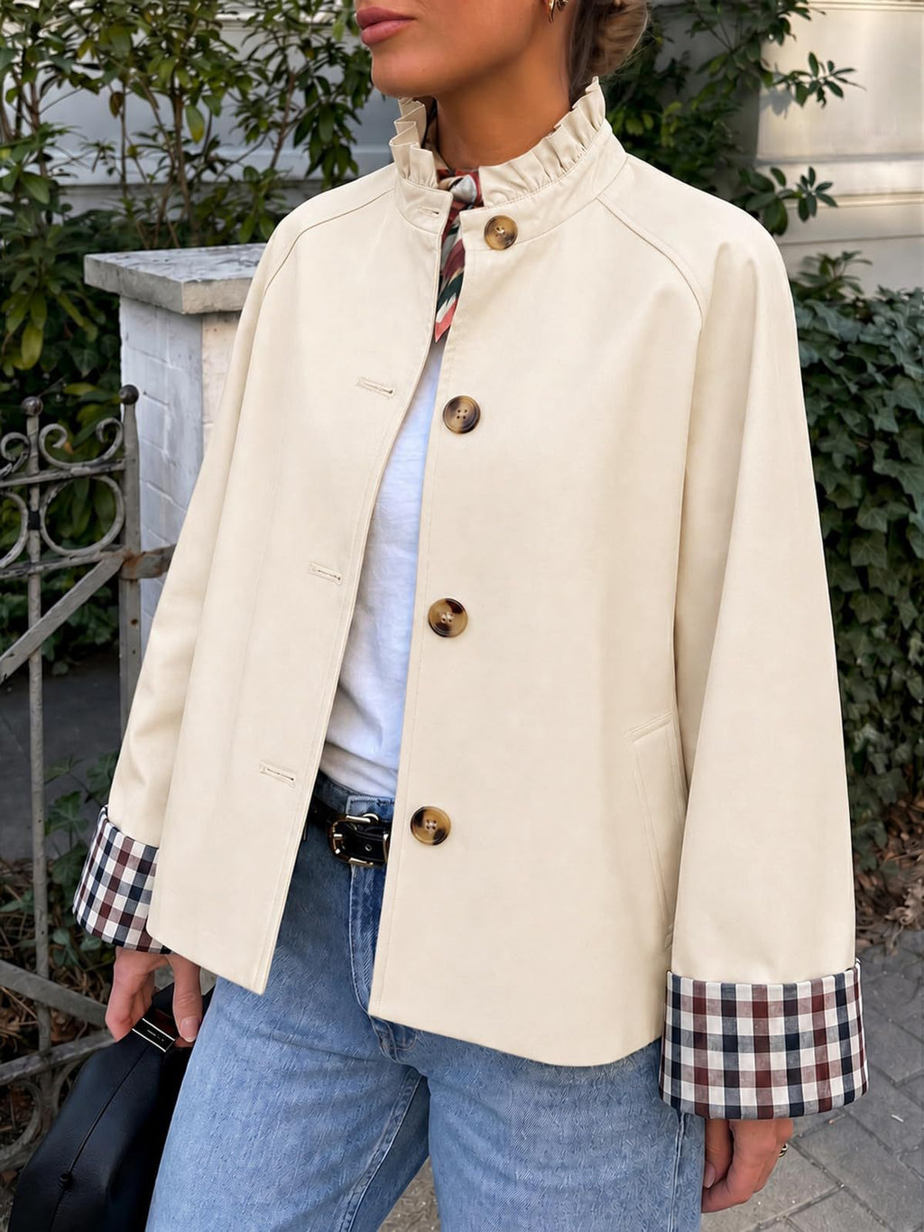 Ruffle Collar Gingham Cuff Button Jacket - White - 2