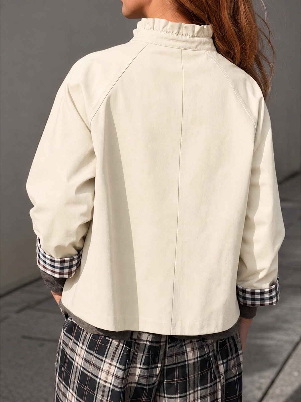 Ruffle Collar Gingham Cuff Button Jacket - White - 3