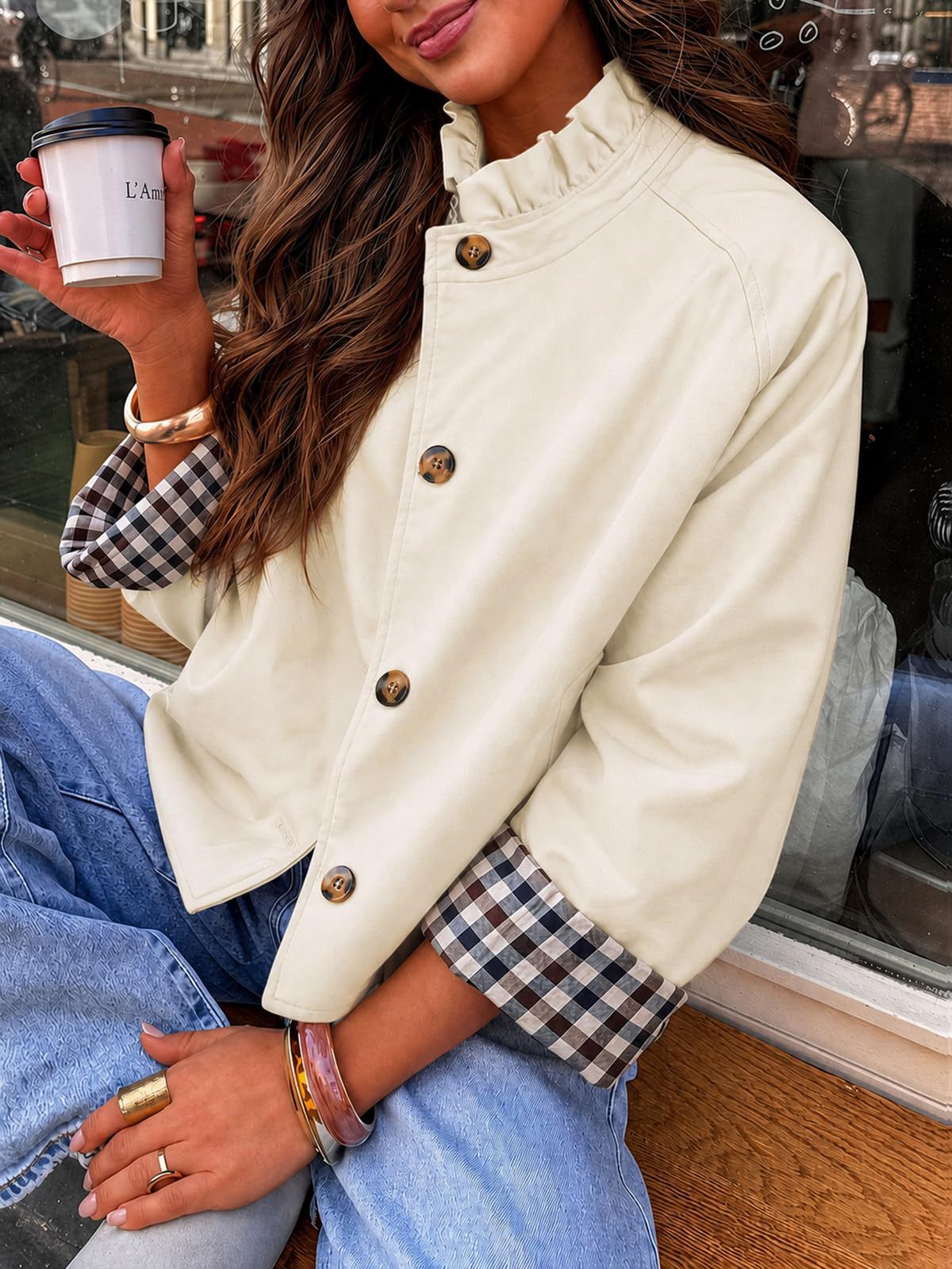 Ruffle Collar Gingham Cuff Button Jacket - White - 4