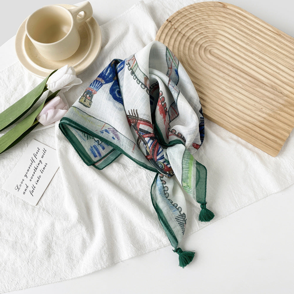 Printed Cotton Bandana Scarf With Tassels - NO-22