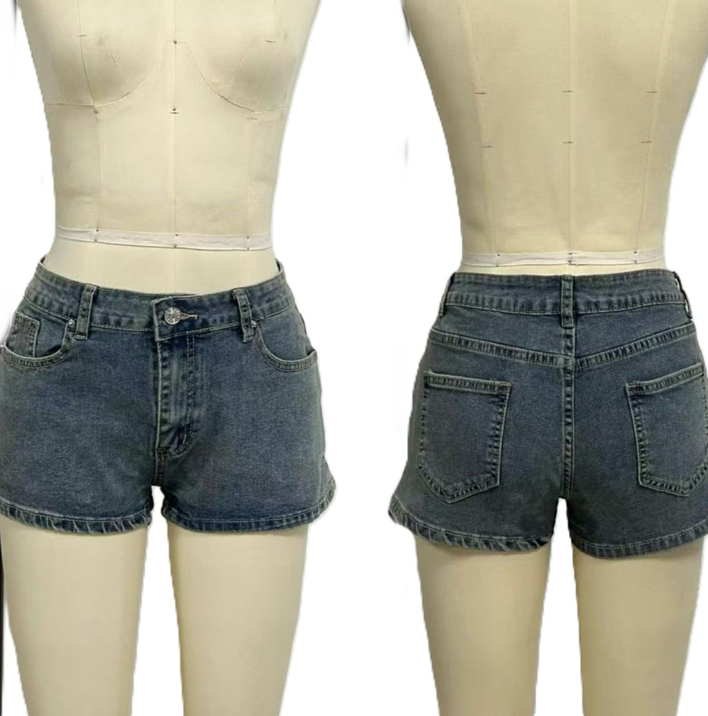 High Waist Cuffed Hem Denim Shorts - DarkBlue