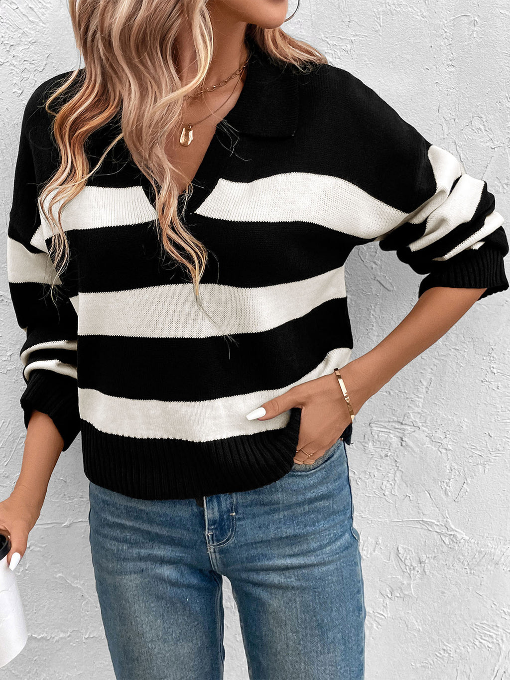 Striped Collared V Neck Knit Sweater - Black - 3