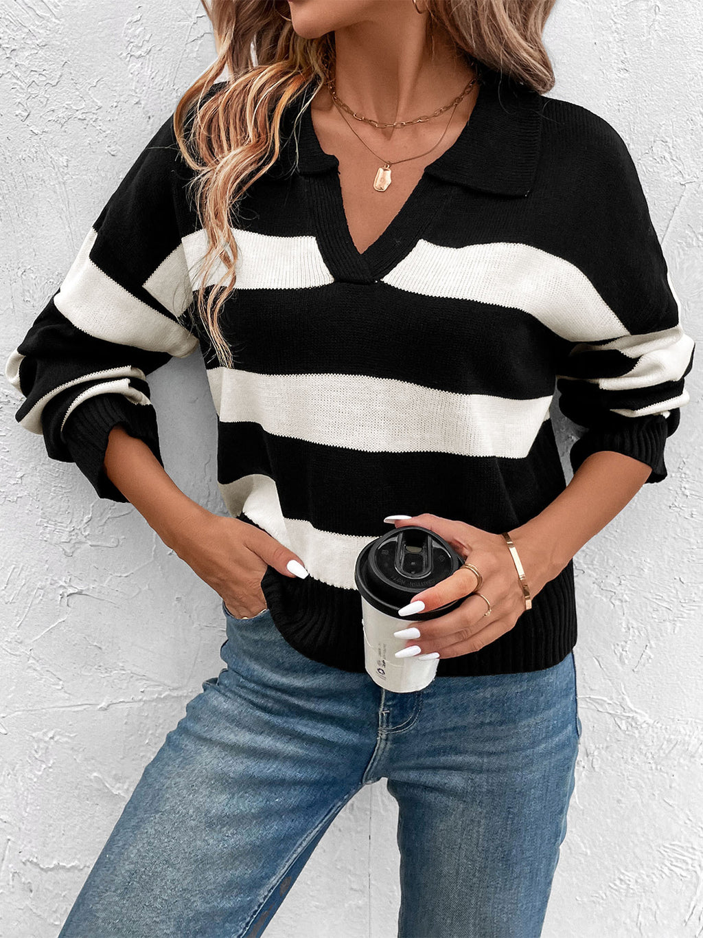 Striped Collared V Neck Knit Sweater - Black - 4
