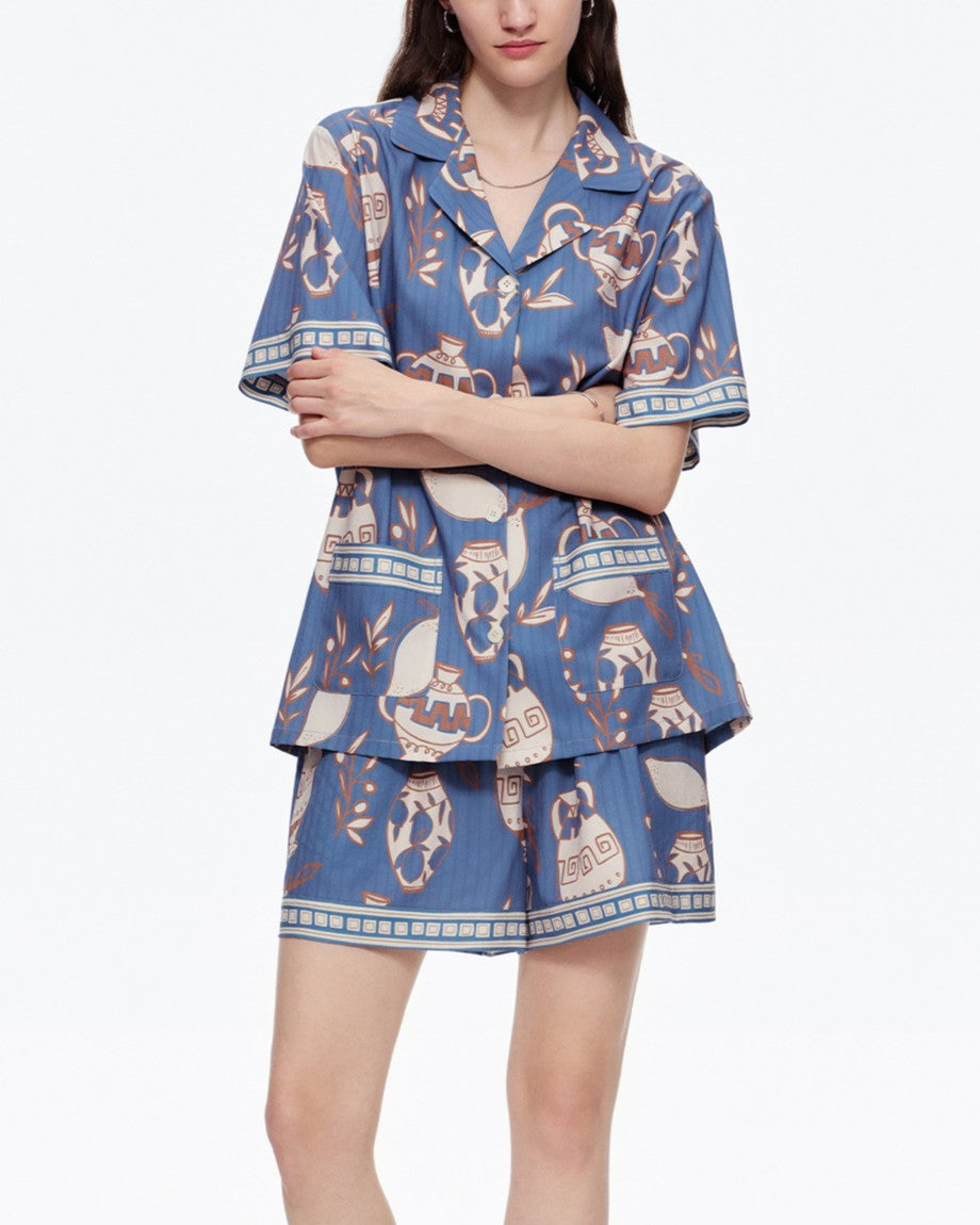 Pottery Print Button-Down Shirt & Shorts Lounge Set - Blue - 2