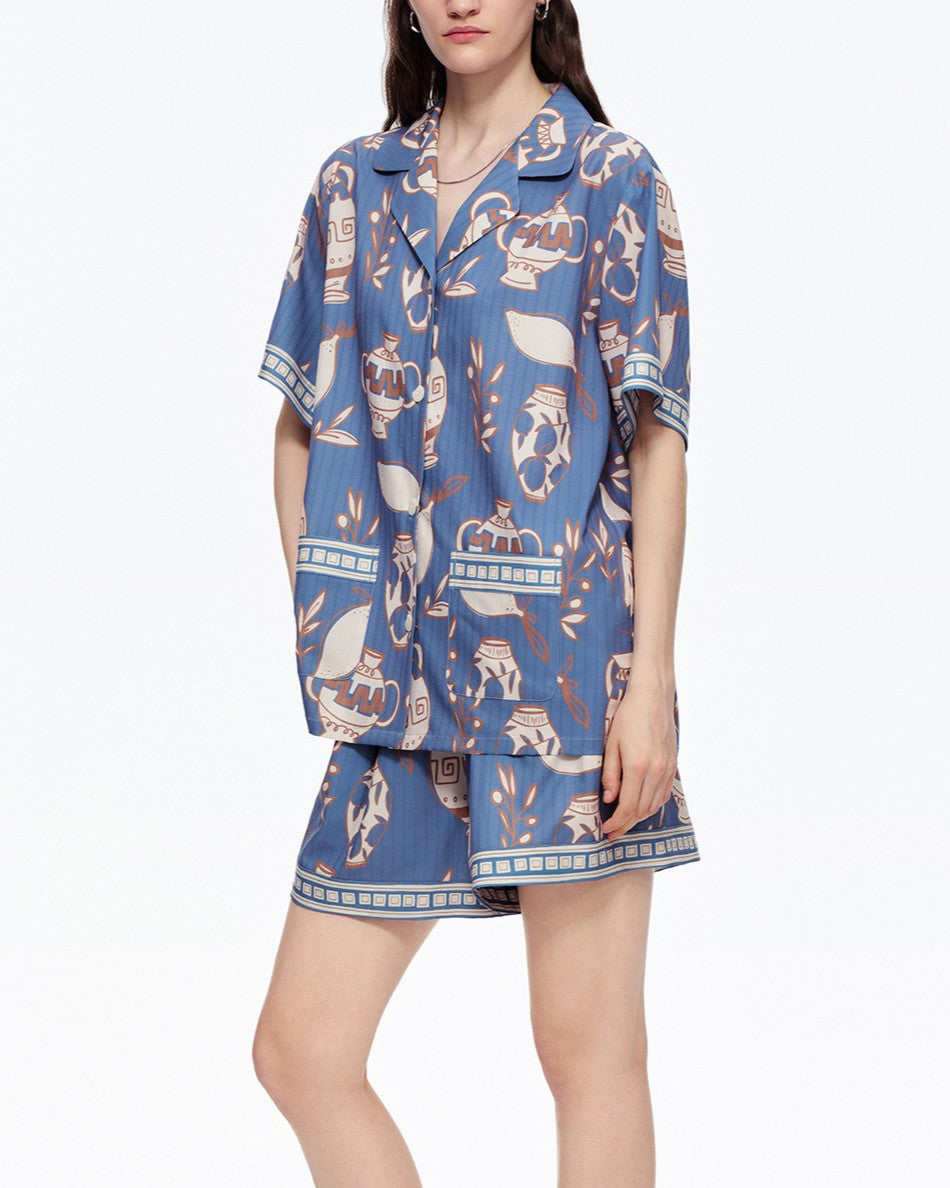 Pottery Print Button-Down Shirt & Shorts Lounge Set - Blue - 3