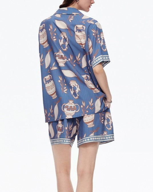 Pottery Print Button-Down Shirt & Shorts Lounge Set - Blue - 4