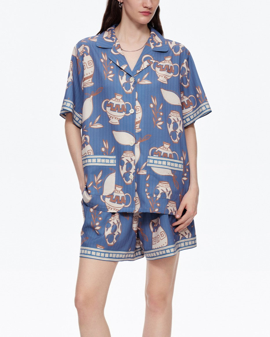 Pottery Print Button-Down Shirt & Shorts Lounge Set - Blue