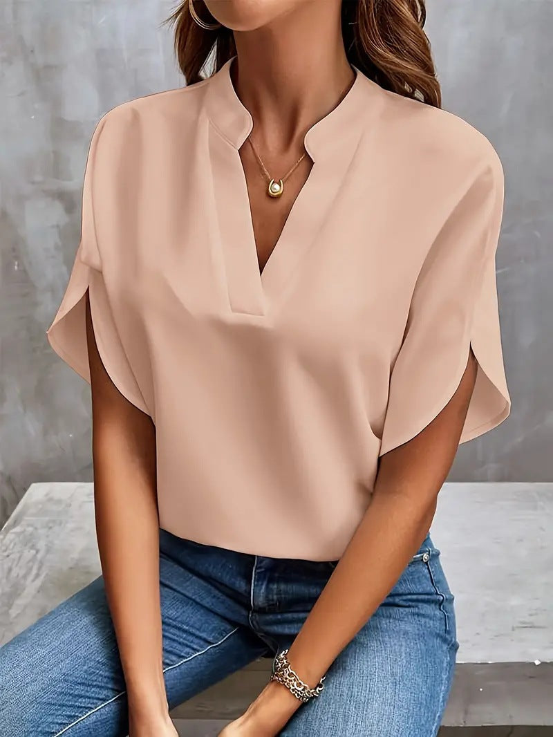 Split V-Neck Dolman Sleeve Chiffon Shirt - Pink