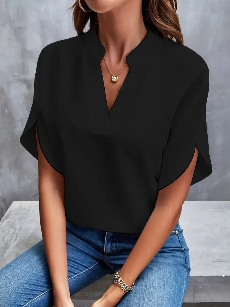 Split V-Neck Dolman Sleeve Chiffon Shirt - black