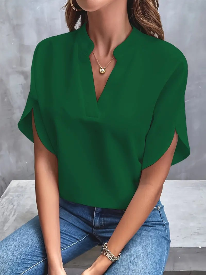 Split V-Neck Dolman Sleeve Chiffon Shirt - green