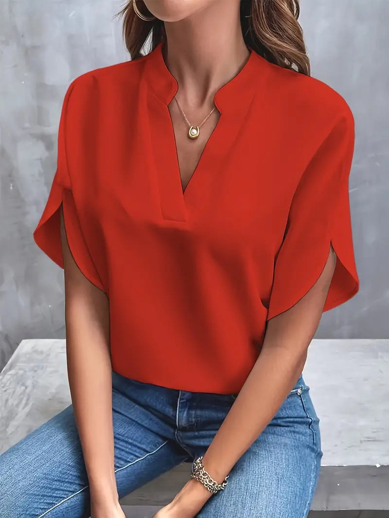 Split V-Neck Dolman Sleeve Chiffon Shirt - red