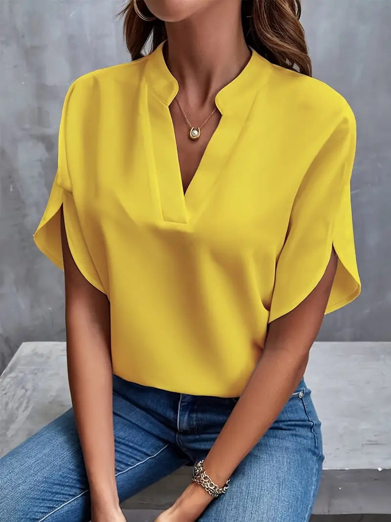Split V-Neck Dolman Sleeve Chiffon Shirt - yellow