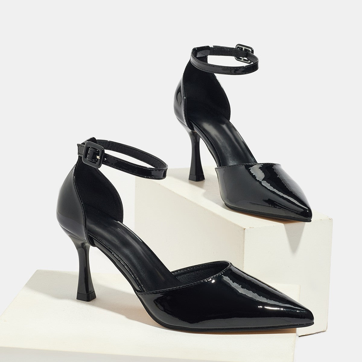 Pointed Toe Ankle Strap Stiletto Pumps - Black