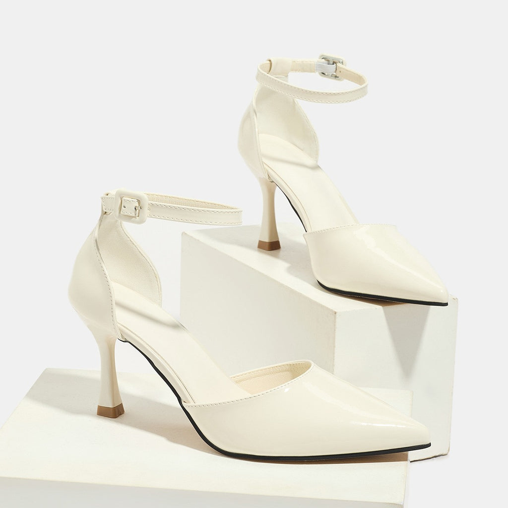 Pointed Toe Ankle Strap Stiletto Pumps - Cream