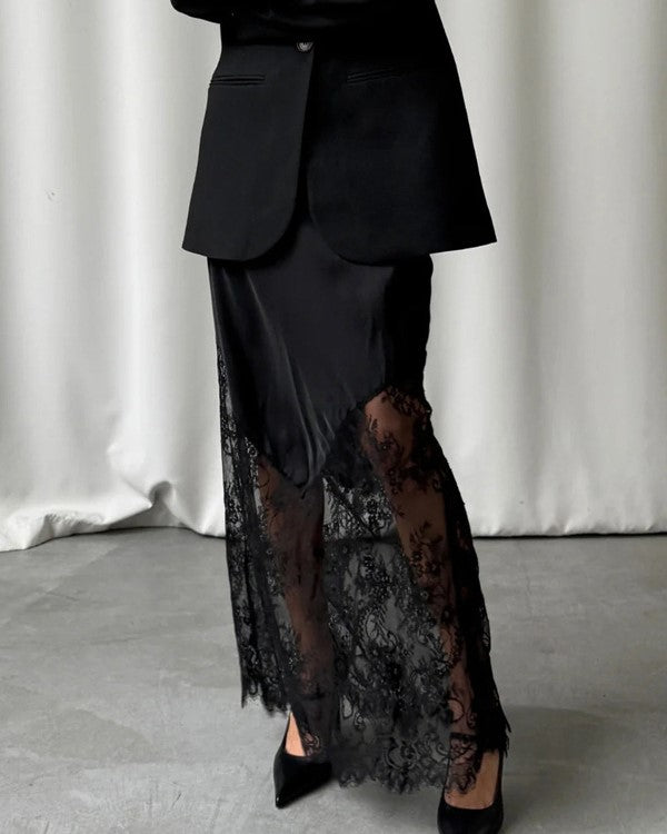 Satin Maxi Skirt With Sheer Lace Hem - Black