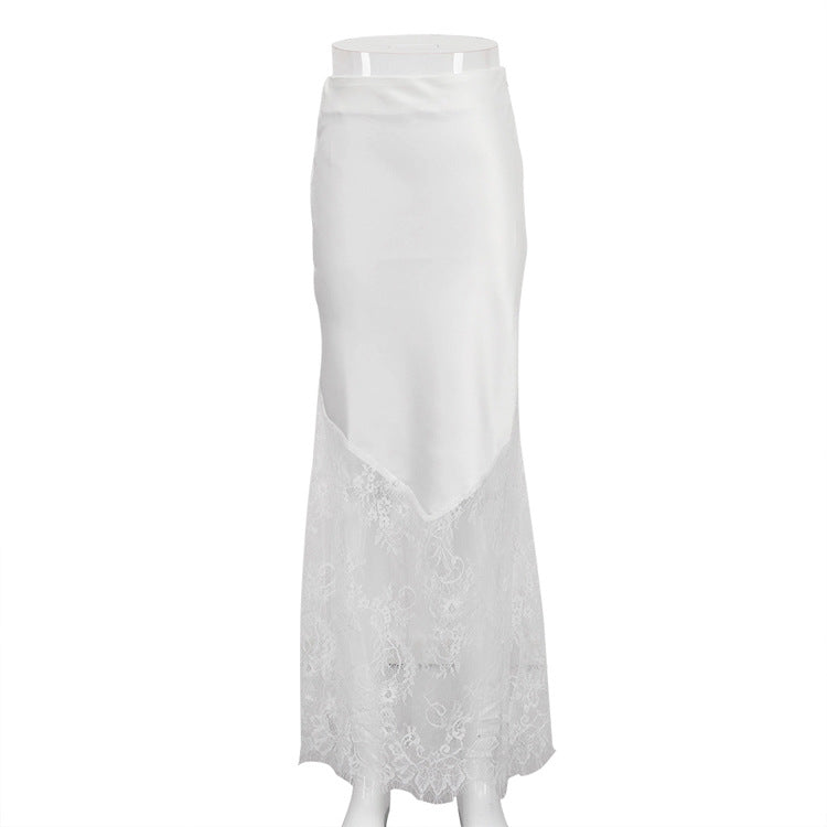 Satin Maxi Skirt With Sheer Lace Hem - White - 1