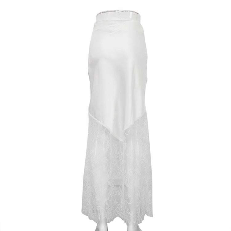 Satin Maxi Skirt With Sheer Lace Hem - White - 2