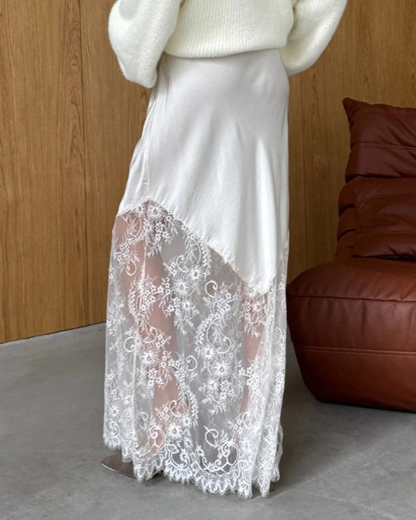 Satin Maxi Skirt With Sheer Lace Hem - White - 5