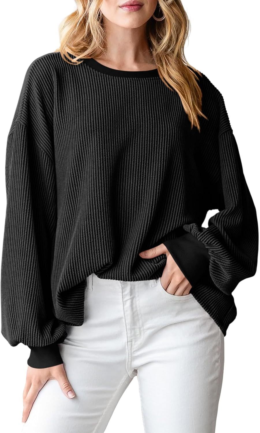 Corded Rib Balloon Sleeve Oversized Top - Black