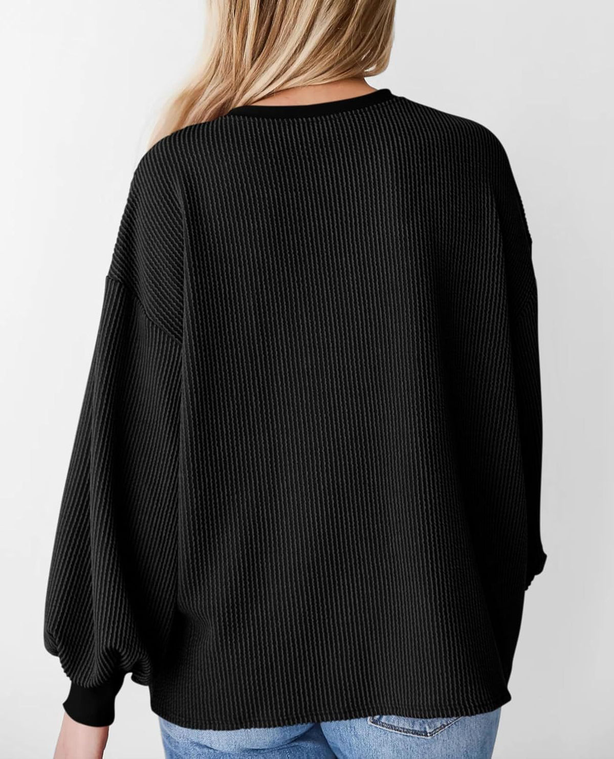 Corded Rib Balloon Sleeve Oversized Top - Black - 1