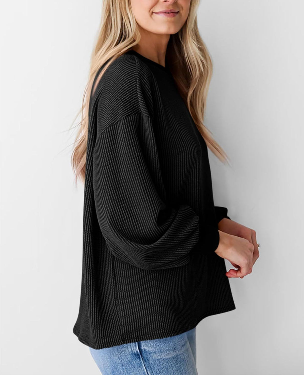 Corded Rib Balloon Sleeve Oversized Top - Black - 2