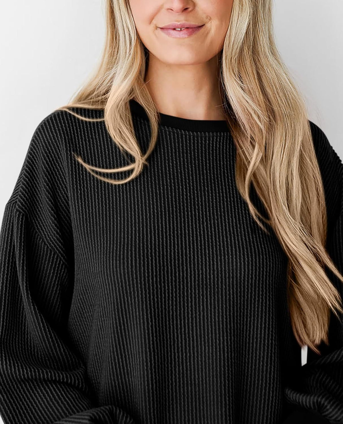 Corded Rib Balloon Sleeve Oversized Top - Black - 3