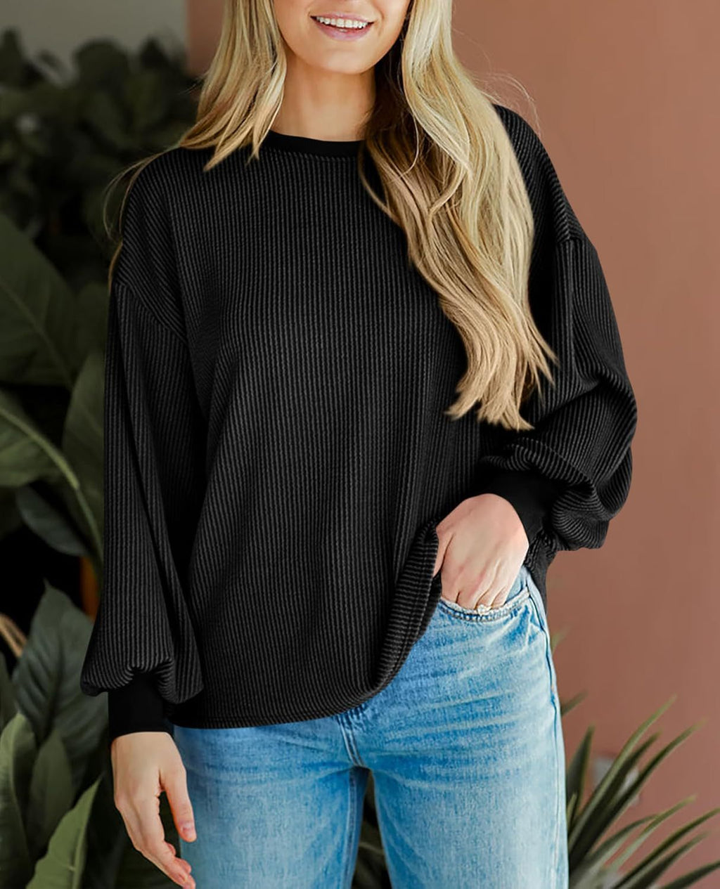 Corded Rib Balloon Sleeve Oversized Top - Black - 4