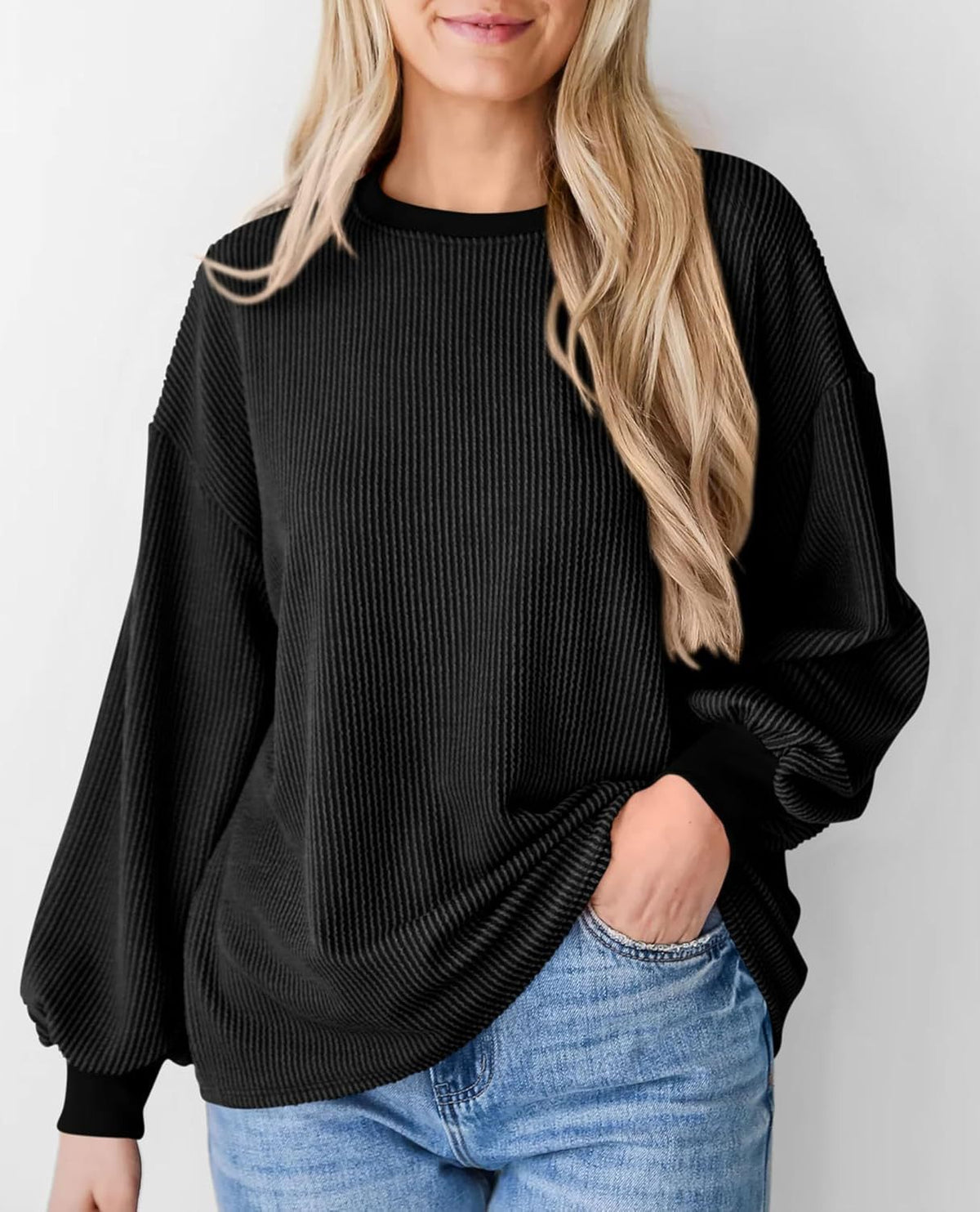 Corded Rib Balloon Sleeve Oversized Top - Black - 5