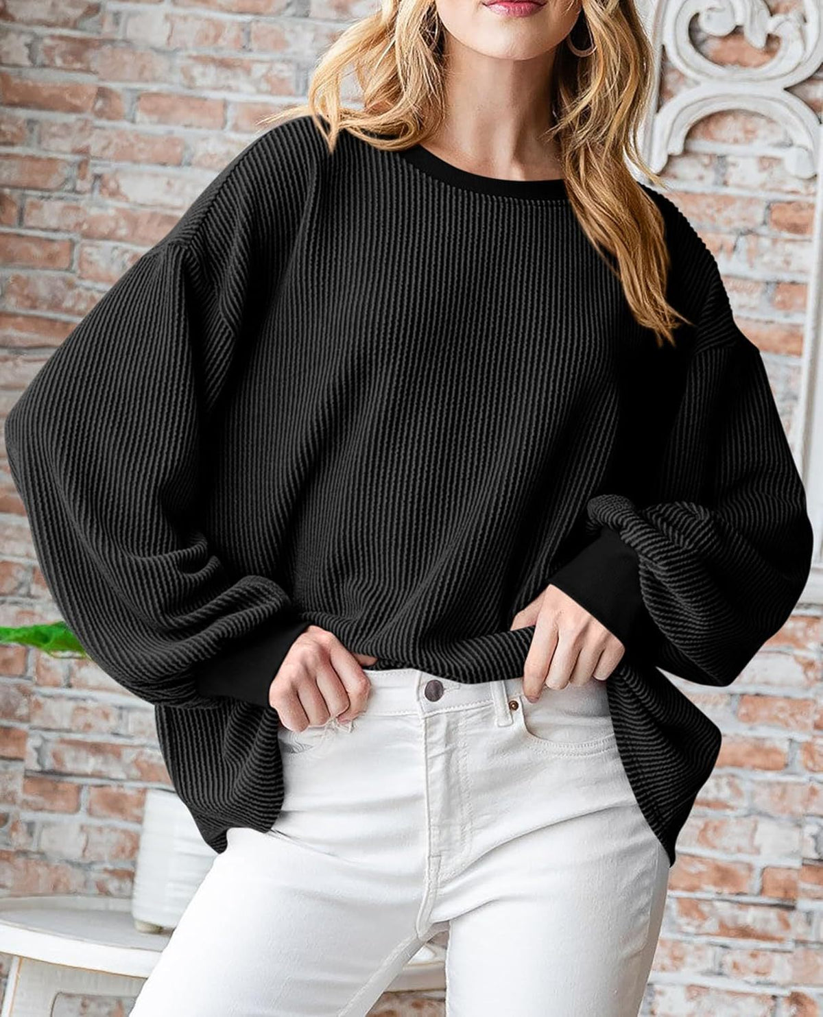 Corded Rib Balloon Sleeve Oversized Top - Black - 6