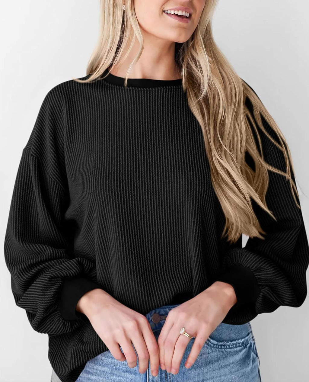 Corded Rib Balloon Sleeve Oversized Top - Black - 7