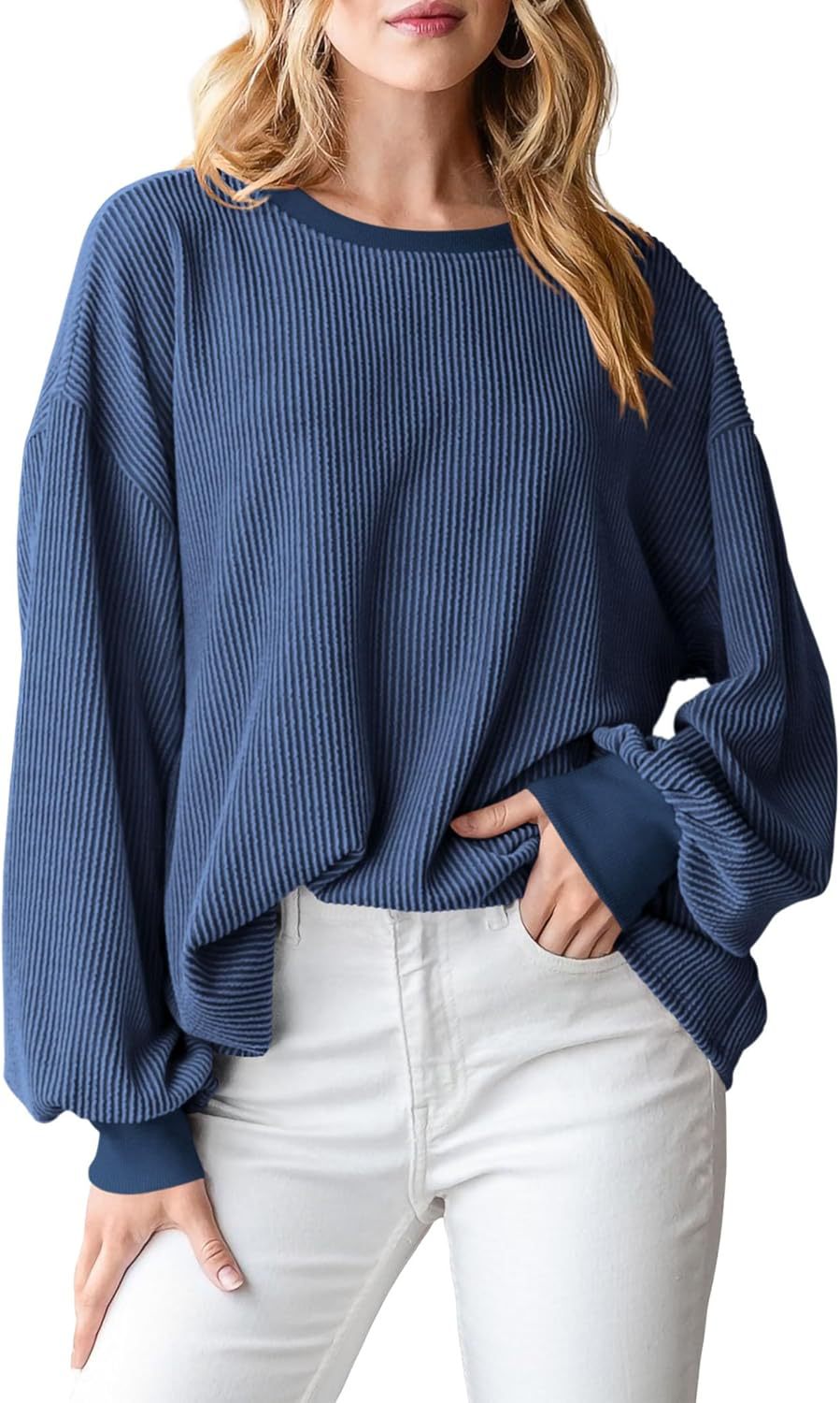 Corded Rib Balloon Sleeve Oversized Top - DarkBlue