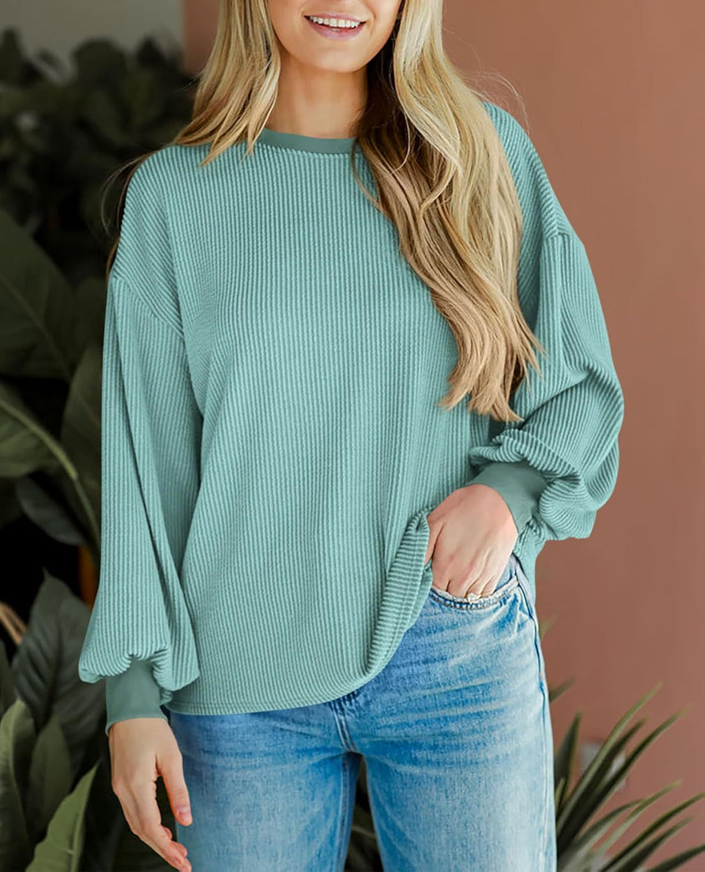 Corded Rib Balloon Sleeve Oversized Top - Mint