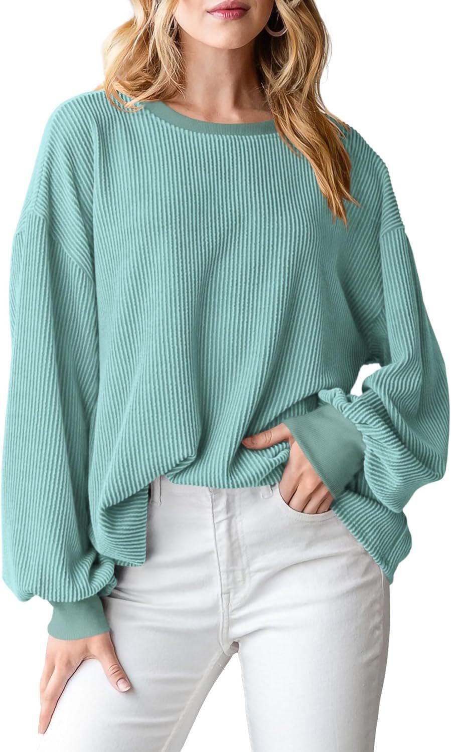 Corded Rib Balloon Sleeve Oversized Top - Mint - 1