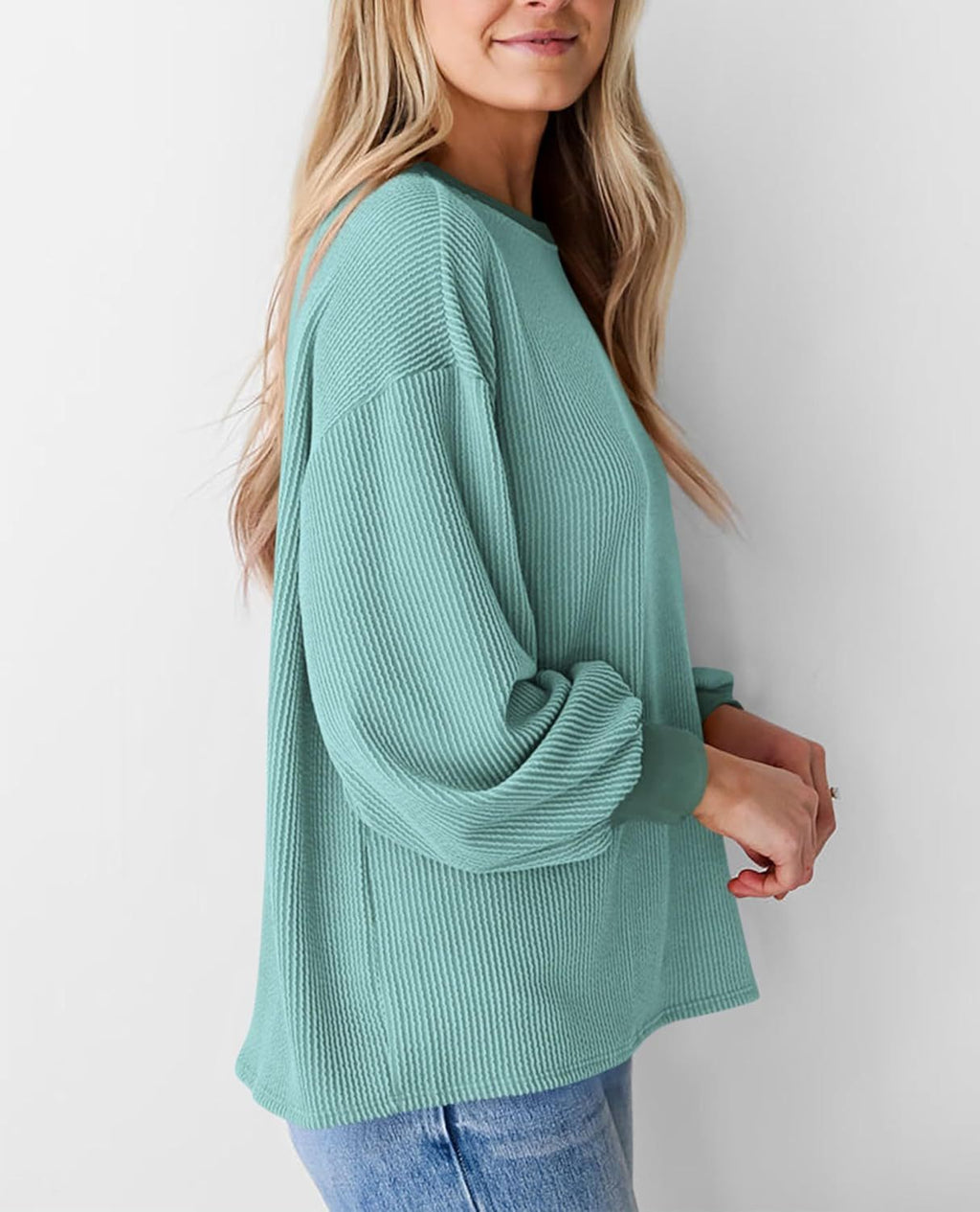 Corded Rib Balloon Sleeve Oversized Top - Mint - 3