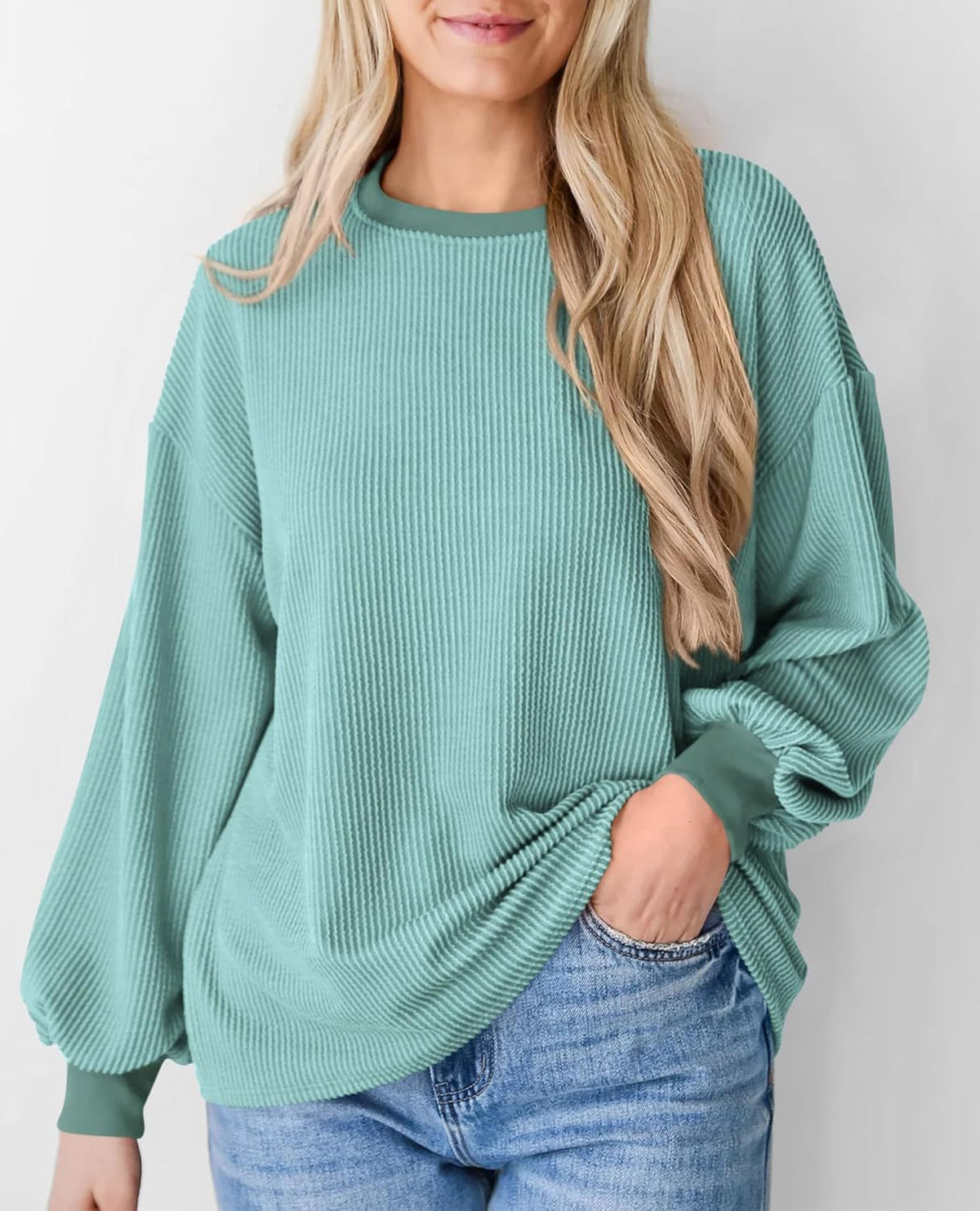 Corded Rib Balloon Sleeve Oversized Top - Mint - 5
