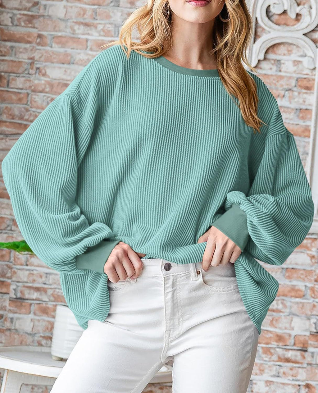 Corded Rib Balloon Sleeve Oversized Top - Mint - 6