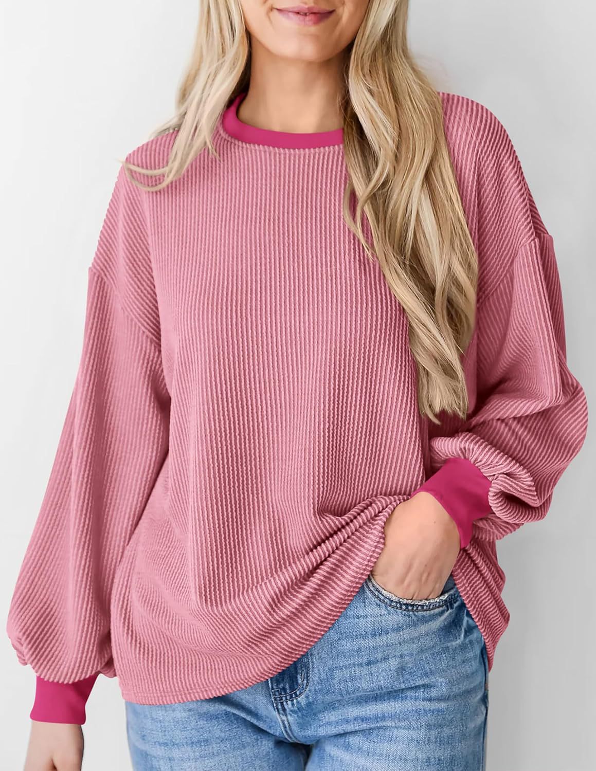 Corded Rib Balloon Sleeve Oversized Top - Pink
