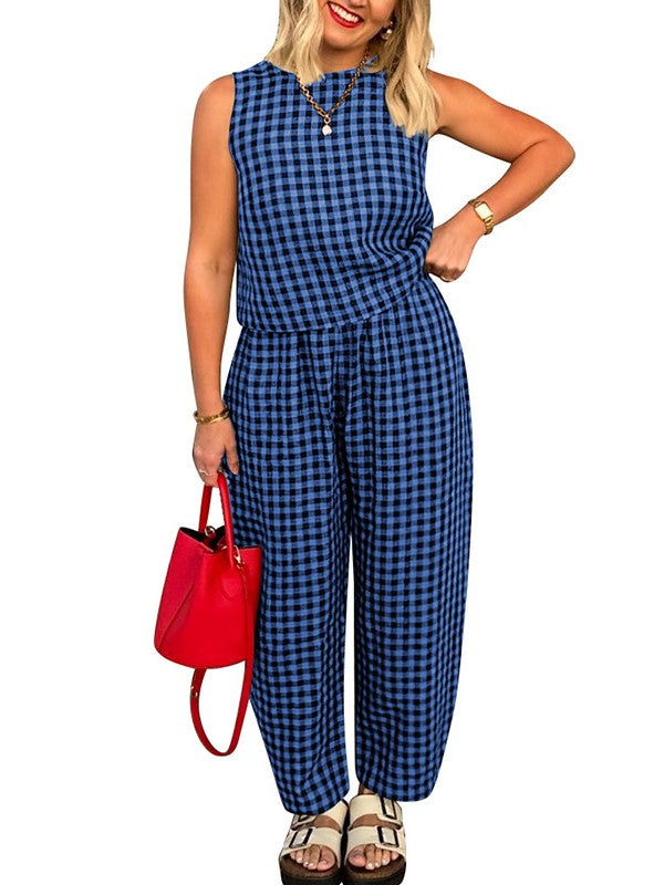 Checked Sleeveless Top and Wide Leg Pants Set - Blue
